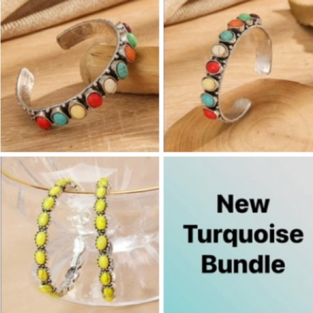 New - Women’s Multi-Colored Turquoise Stone Cuff Bracelet and Earring Set